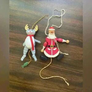 Vintage Handmade Wooden Santa Claus and Cat  Moving Hands Legs Christmas 1960s